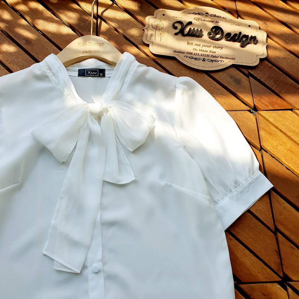 Áo sơ mi trắng nữ thắt nơ Wexuu Design áo kiểu tay ngắn chất vải đẹp, Hàng Thiết ...