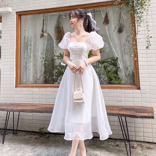 Váy cổ vuông tơ tay bồng