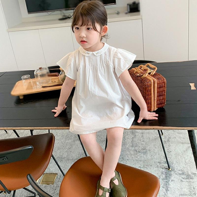 Đầm Baby Doll Viền Cổ Thêu Hoa Hàn Quốc Xinh Xắn Cho Bé Gái
