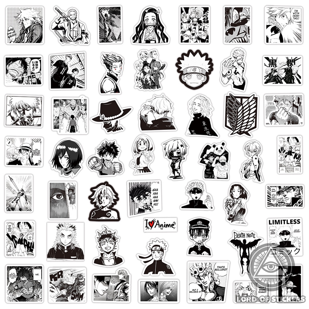 Set 100 Hình Dán Nhân Vật Truyện Tranh Anime Manga Sticker Đen Trắng Chống Thấm Nước Trắng Trang Trí Mũ Bảo Hiểm, Laptop