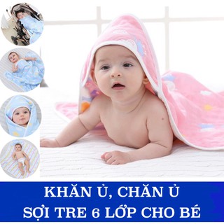 Khăn ủ, khăn tắm, chăn ủ sợi tre 6 lớp có mũ cho bé