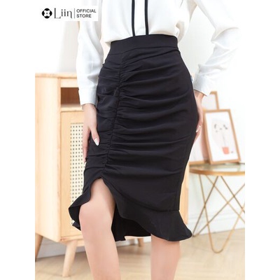 Chân váy nữ công sở Linbi màu đen, dáng đuôi cá đen nhún thanh lịch Liin clothing J4162