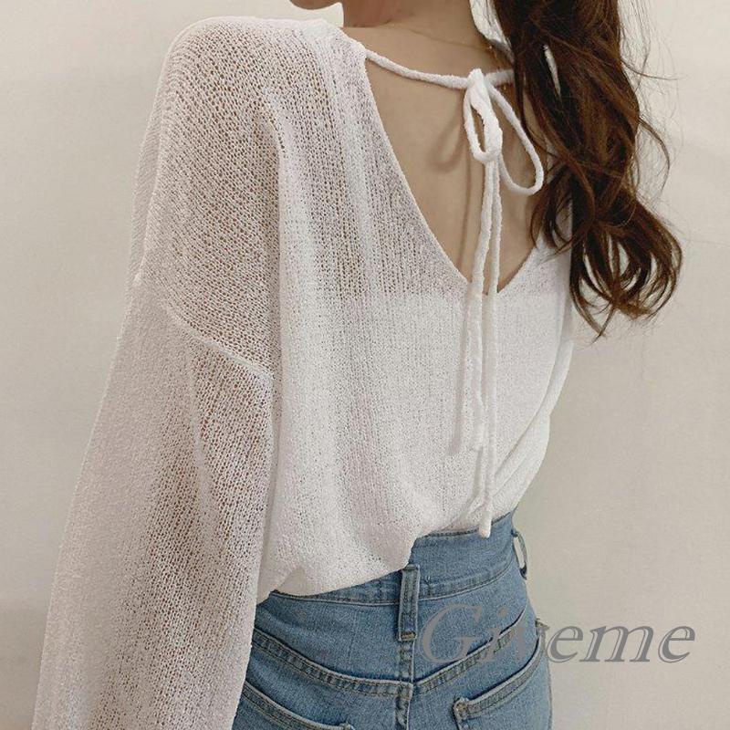 GIVEME-Women Loose Tops, Solid Color V-Neck Long Sleeve Tie-Up Knitted Pullover for Spring Summer, White/Black