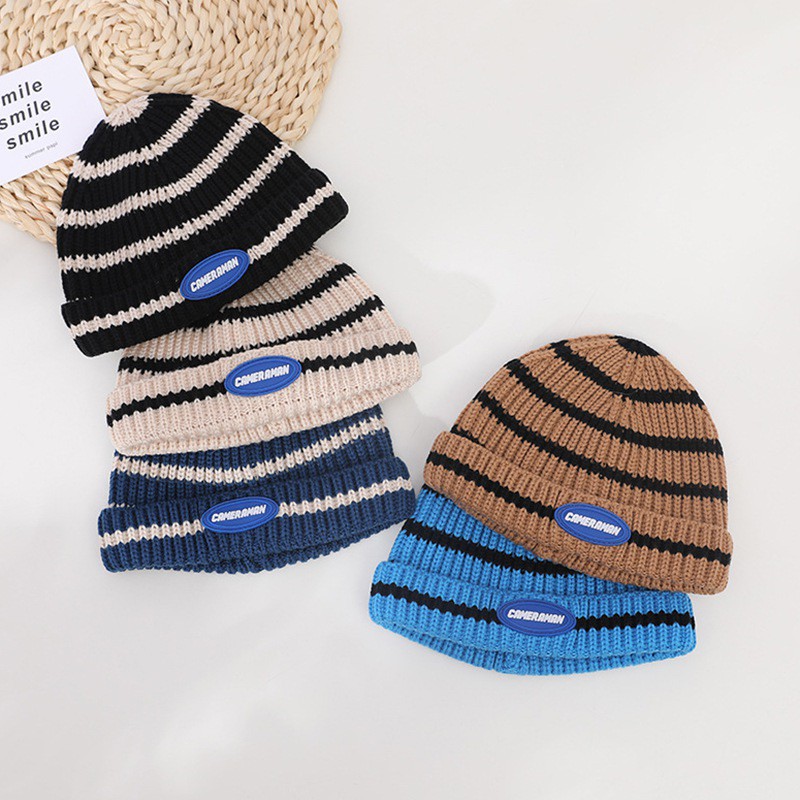 Mũ len dệt kim co giãn họa tiết kẻ sọc phong cách mùa đông cá tính dành cho bé 2-8 tuổi