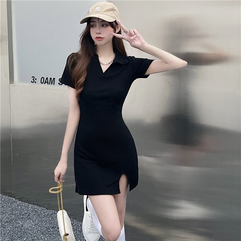 Đầm mini SUXI cổ chữ V màu đen trơn quyến rũ hợp thời trang hè