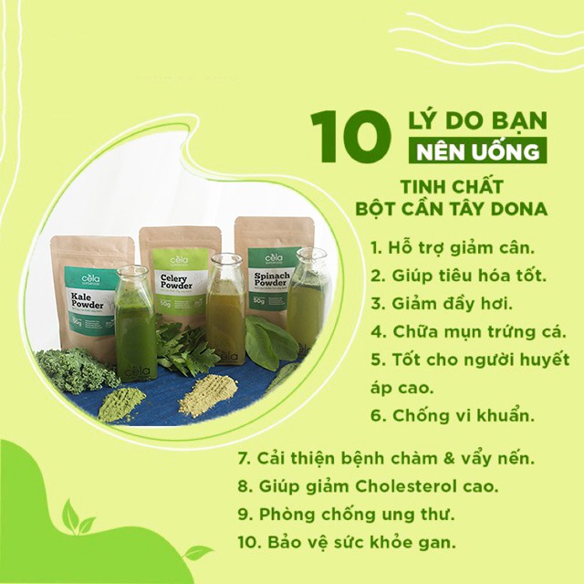 Bột cần tây nguyên chất 100% đồ uống giàu vitamin, giảm cân thanh lọc làm đẹp da gói 50gr - Cela detox