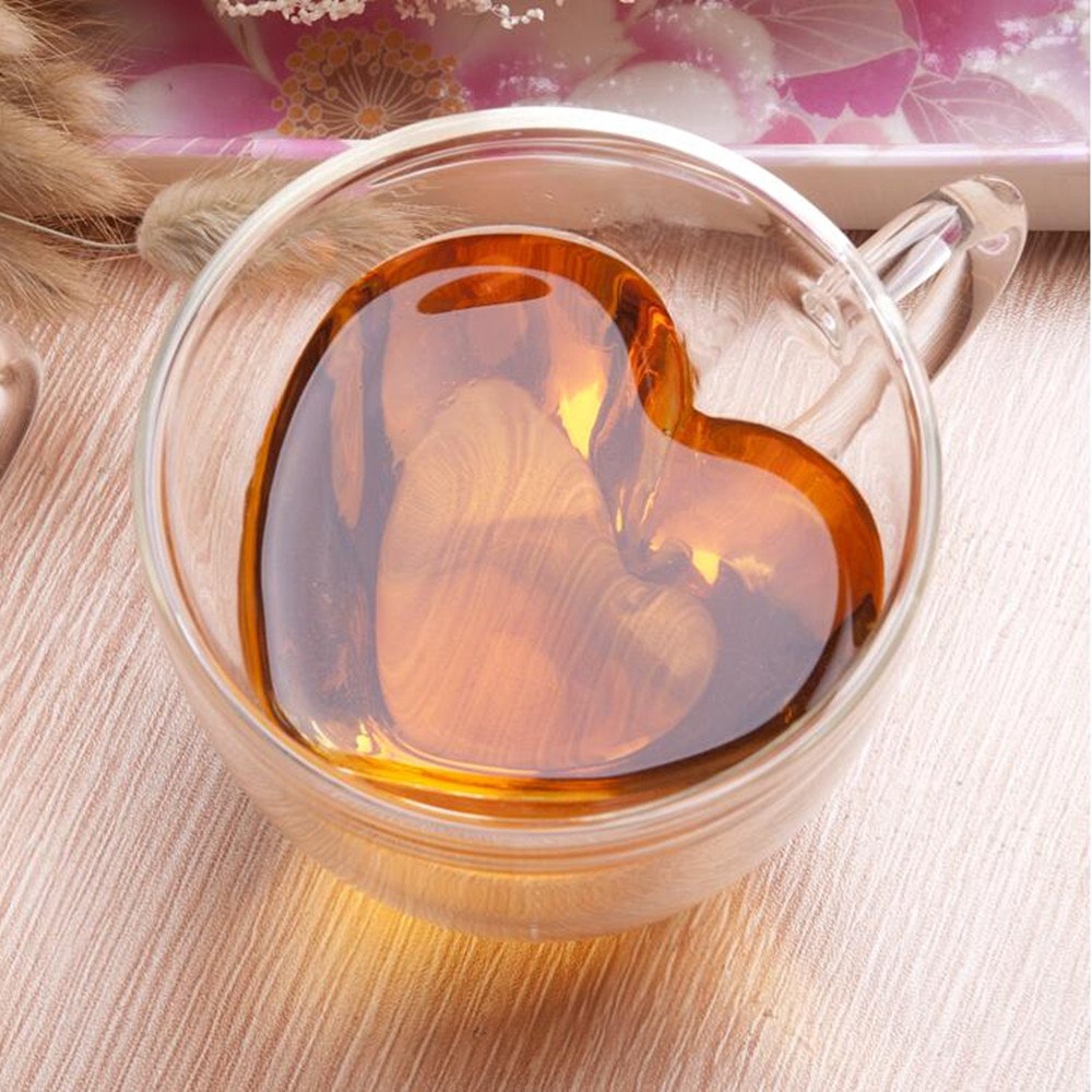 Ly uống trà Ly trà hai lớp Tách trà chịu nhiệt Sáng tạo hình trái tim Nước ép thủy tinh kép Cốc cà phê sữa
