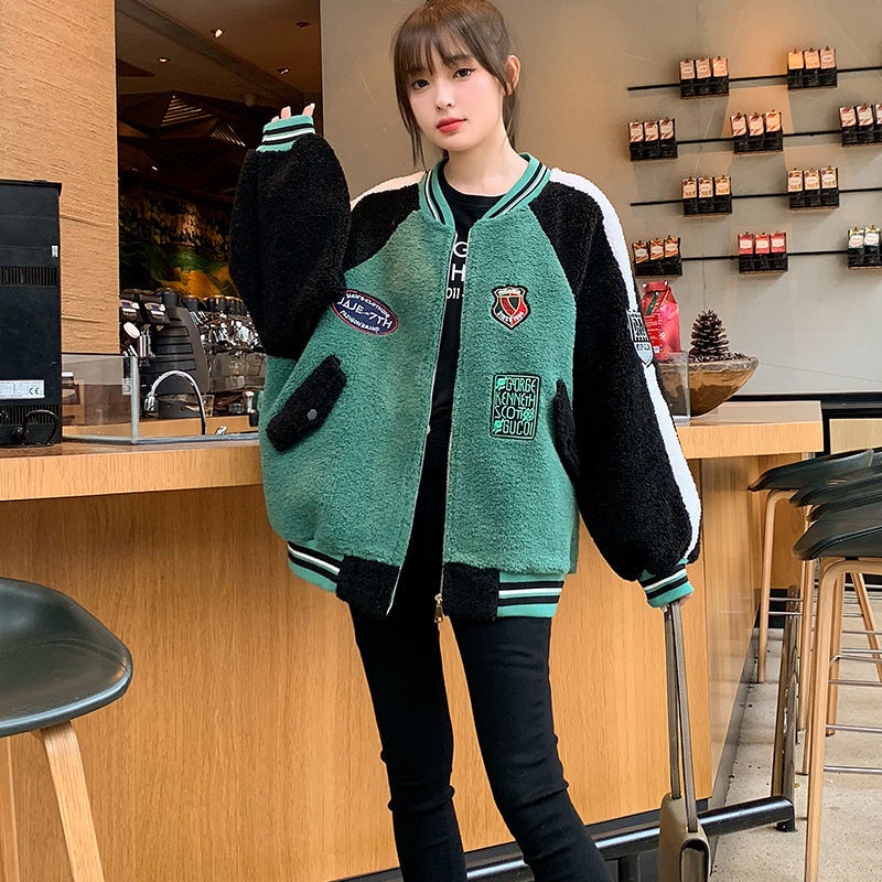 Áo Khoác Bóng Chày Vải Len Lông Cừu Phối Màu Sắc Tương Phản Thời Trang Thu Đông Cho Nữ