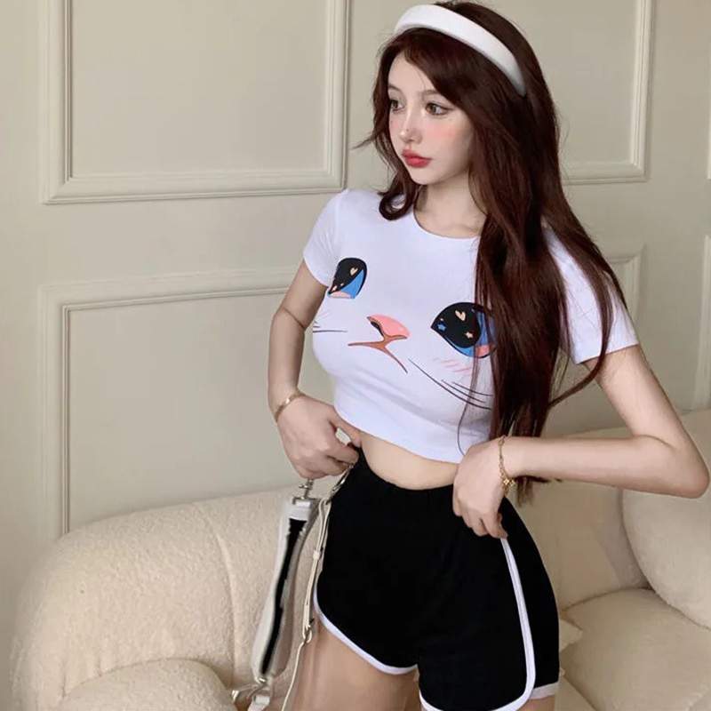 Women's Korean Print Slim Crop Tops+High Waist Shorts Two-piece Suit Casual Sports Hot Pants 2PCS Set