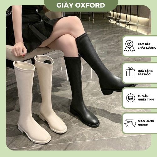 Giày boots đùi nữ, giày bốt cao cổ nữ khóa sau da trơn mũi tròn đế thấp hàn quốc mùa đông đi chơi C1055