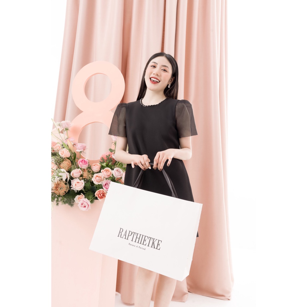 RẬP - Đầm Đen Tay Lưới Phồng Cổ Đính Hạt - TITI 04 HẠT