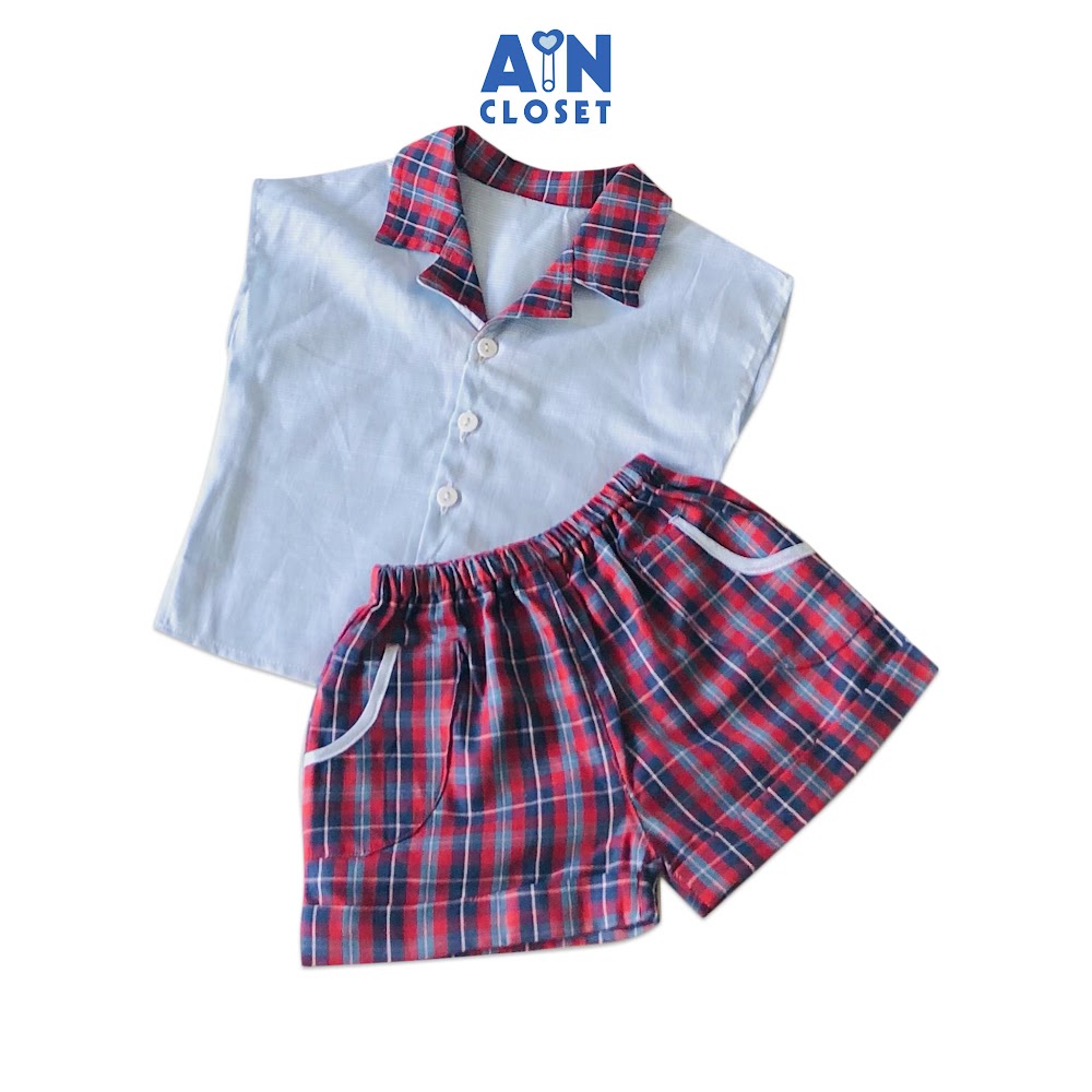 Bộ quần áo ngắn unisex Xanh họa tiết caro đỏ cotton - AICDBGIV68GS - AIN Closet
