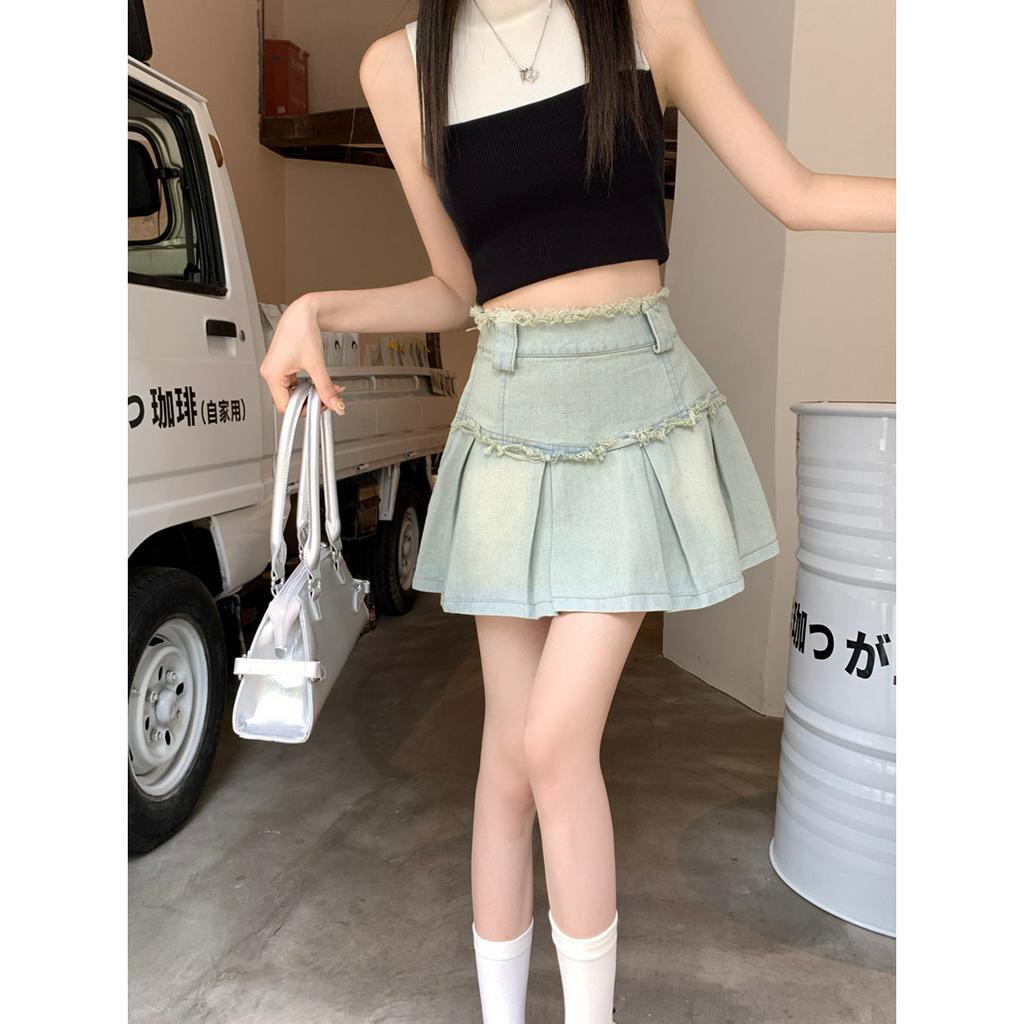 Lalisas Chân váy jean Ngắn Xếp Ly Lưng Cao Phong Cách retro Mỹ Cho Nữ
