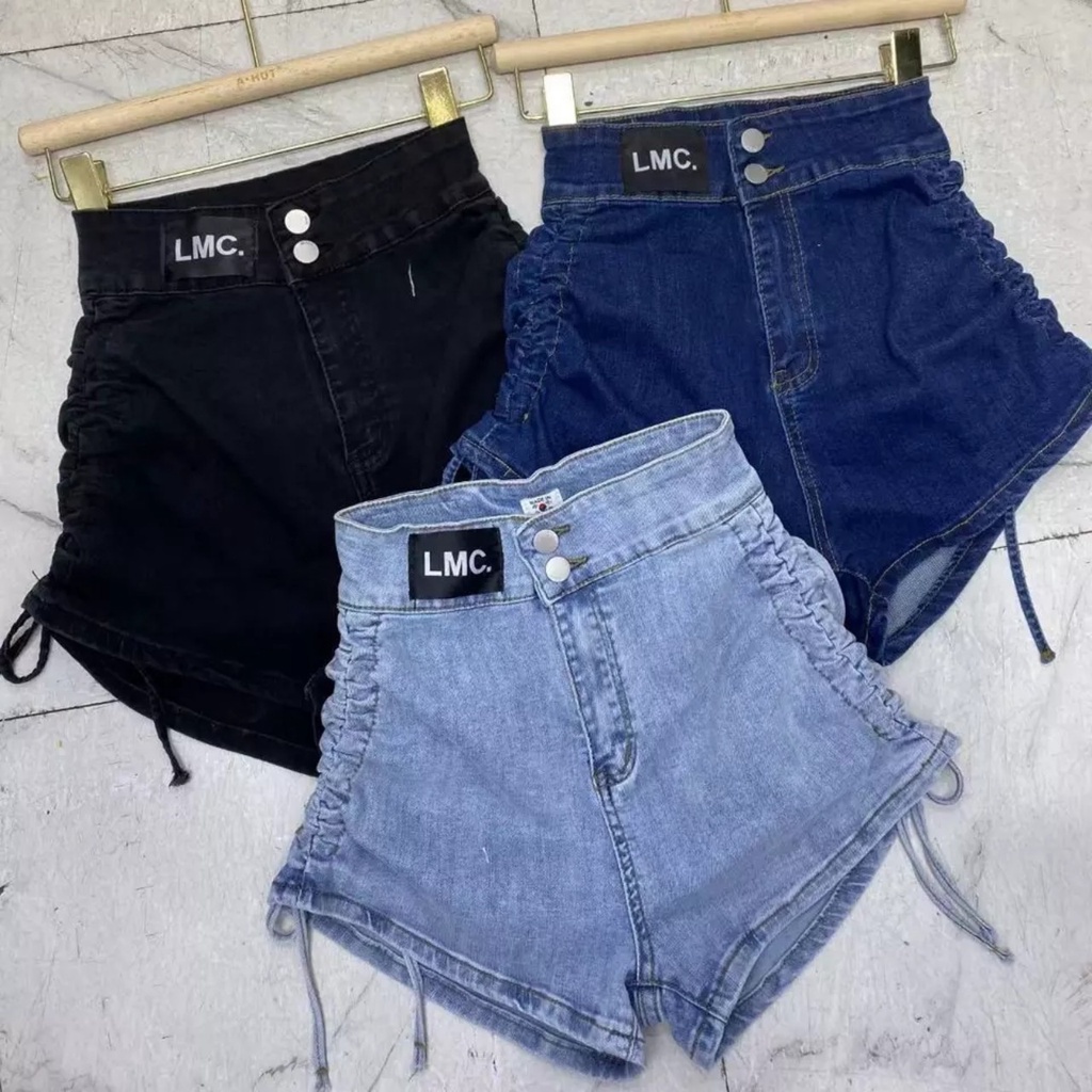 Quần short jean nữ chất denim lưng cao dây rút bên hông co giãn thời trang hè