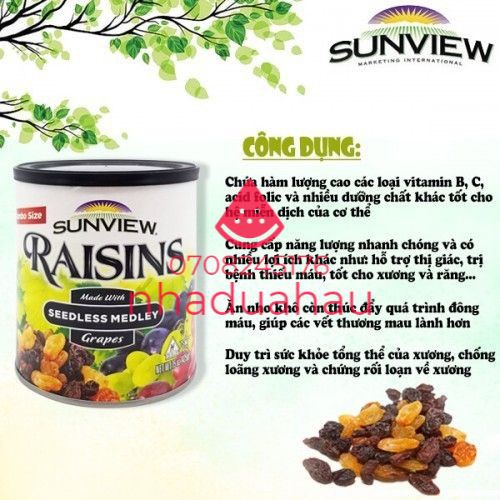 Một lon nho khô thập cẩm Sunview Mỹ chuẩn xịn date xa lon 425g