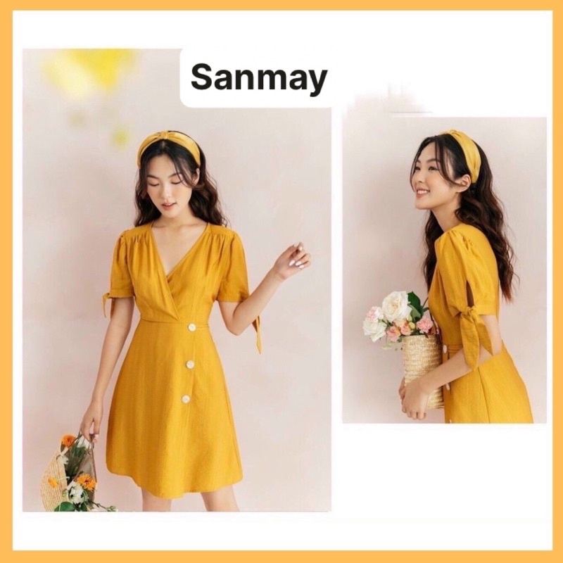 Đầm Công Sở Trẻ Trung Màu Vàng SANMAY Váy Dự Tiệc Cưới Sang Trọng, Vải Đũi Thiết Kế Hàn Quốc Đẹp VD020