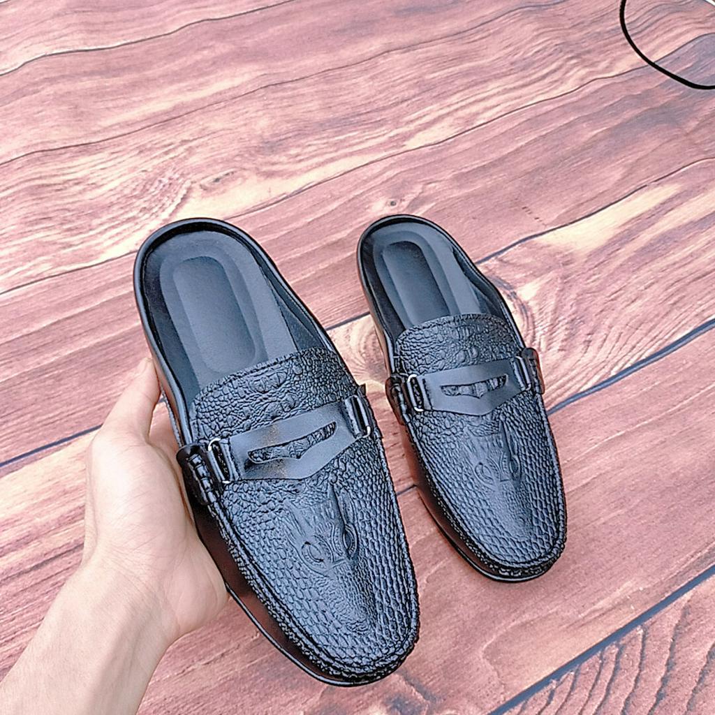 Giày sục nam màu đen da PU Hàng Kĩ đai chuông vàng dập vân cá sấu sục da nam size 38-43