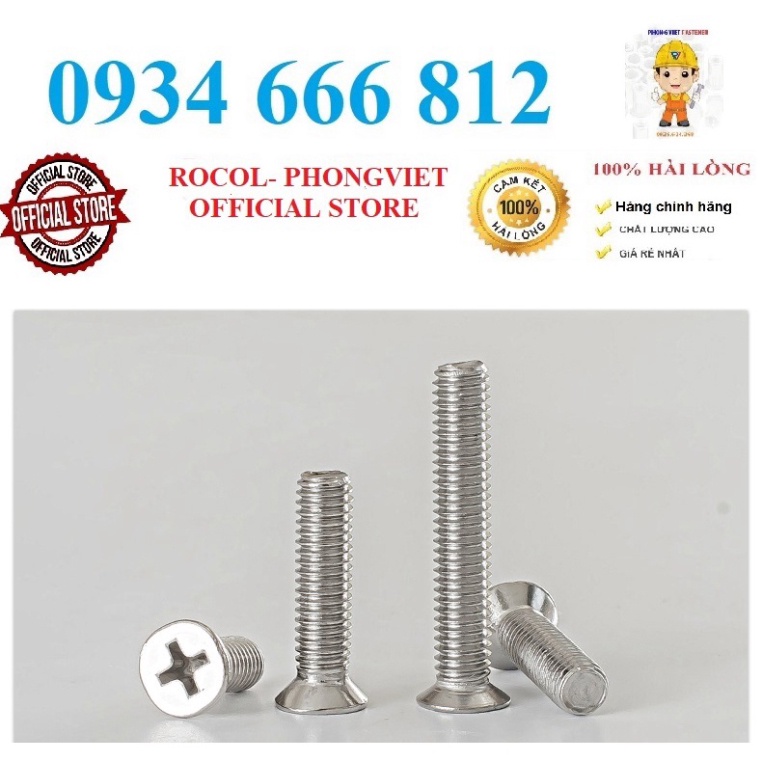 Set 50 cái và 10 cái M6 vít pake đầu bằng thân bulong inox201 M6