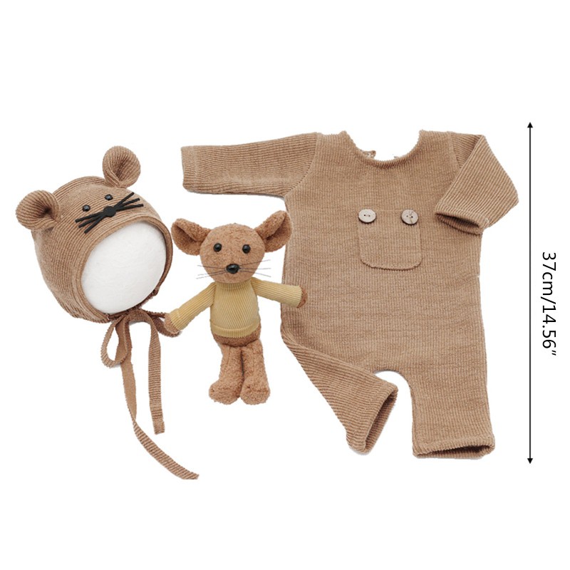 Bộ 3 Món Áo Liền Quần Cotton Dệt Kim Kèm Búp Bê Hình Chú Chuột Dễ Thương Dùng Làm Đạo Cụ Chụp Ảnh Cho Bé Sơ Sinh