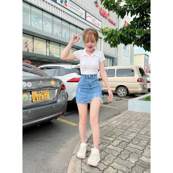 Chân váy jean chữ a ngắn , chân váy jean rách cá tính có lót trong  alohashop91