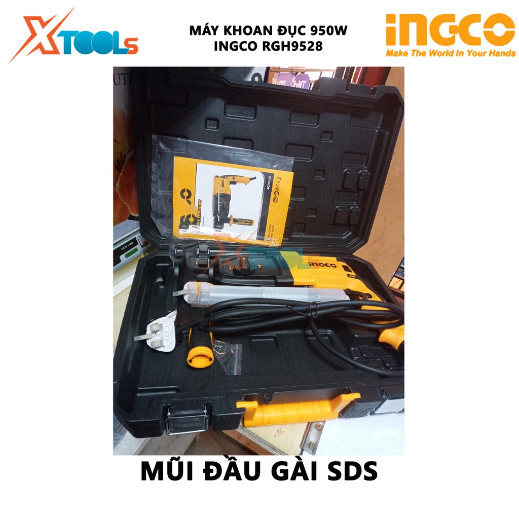 Máy khoan búa dùng pin 3 chức năng 950w Ingco RGH9528 đầu gài sds plus, tốc độ 1050rpm, tốc độ búa 4670bpm, lực búa 2,5j