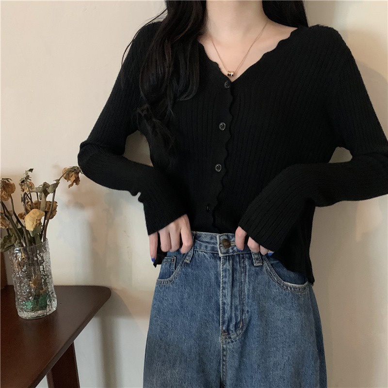 Áo cardigan dệt kim ZHELIHANGFEI tay dài cổ V đơn giản dễ phối đồ