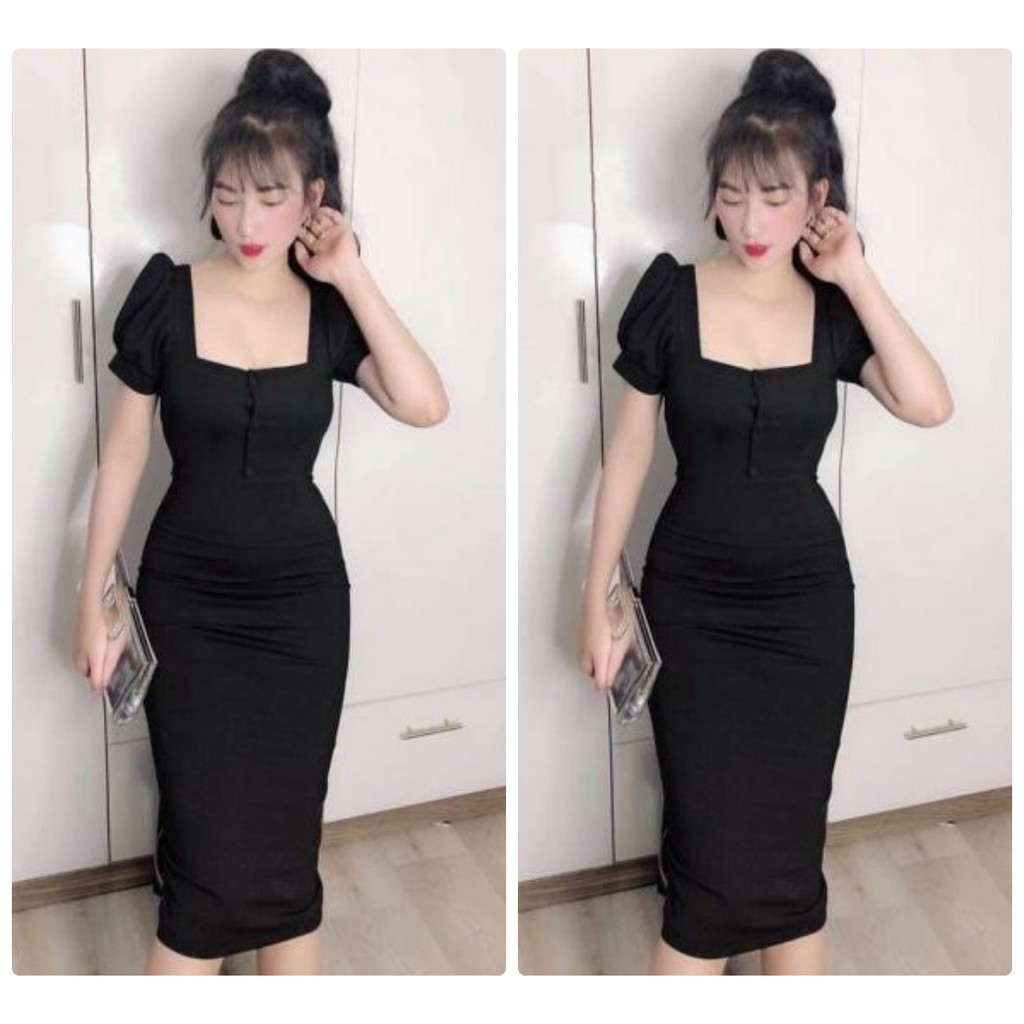 Đầm body cúp ngực chữ U hở ngực tay rút sexy