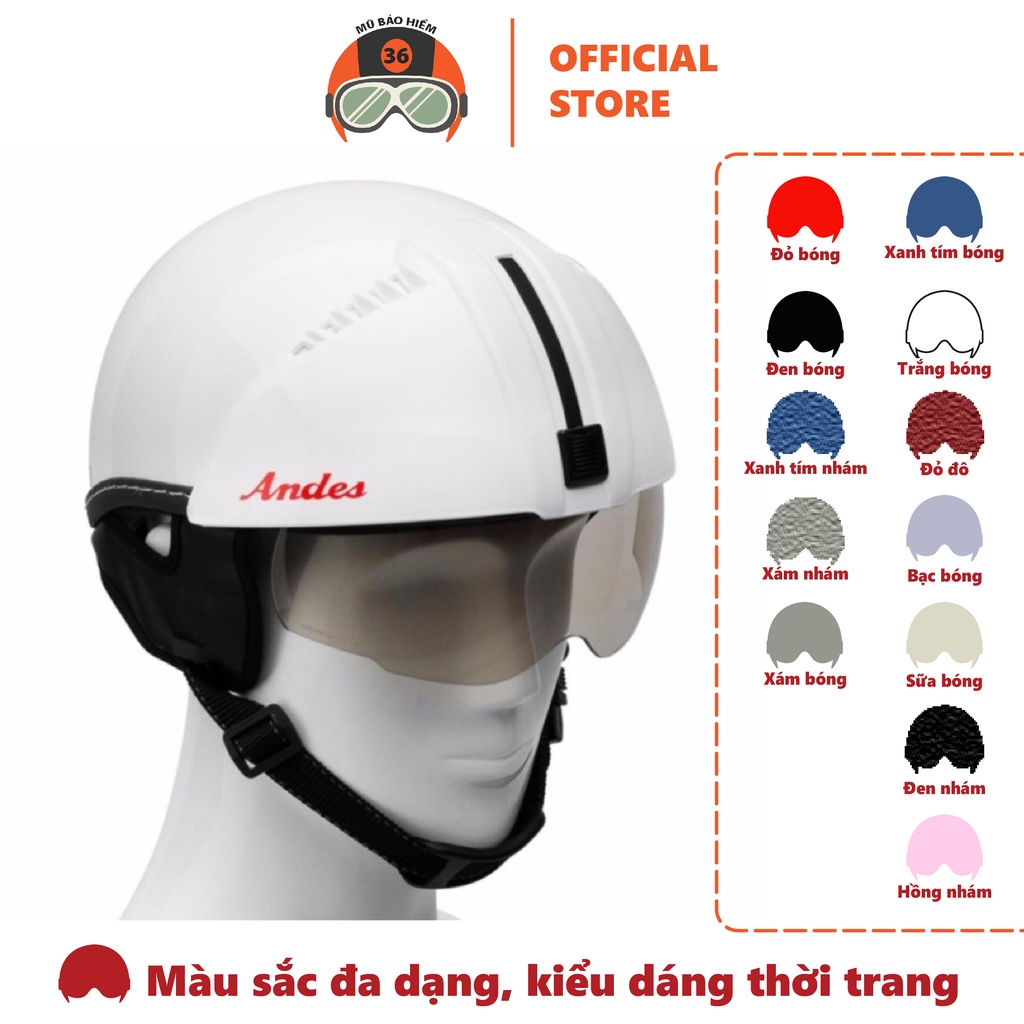 Mũ Bảo Hiểm Andes 181 Giấu Kính Tháo Lót nhiều màu