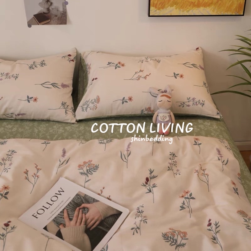 Set Bộ Vỏ Chăn Ga Gối Cotton Living Hoa Lá Sắc Thu _shinbedding
