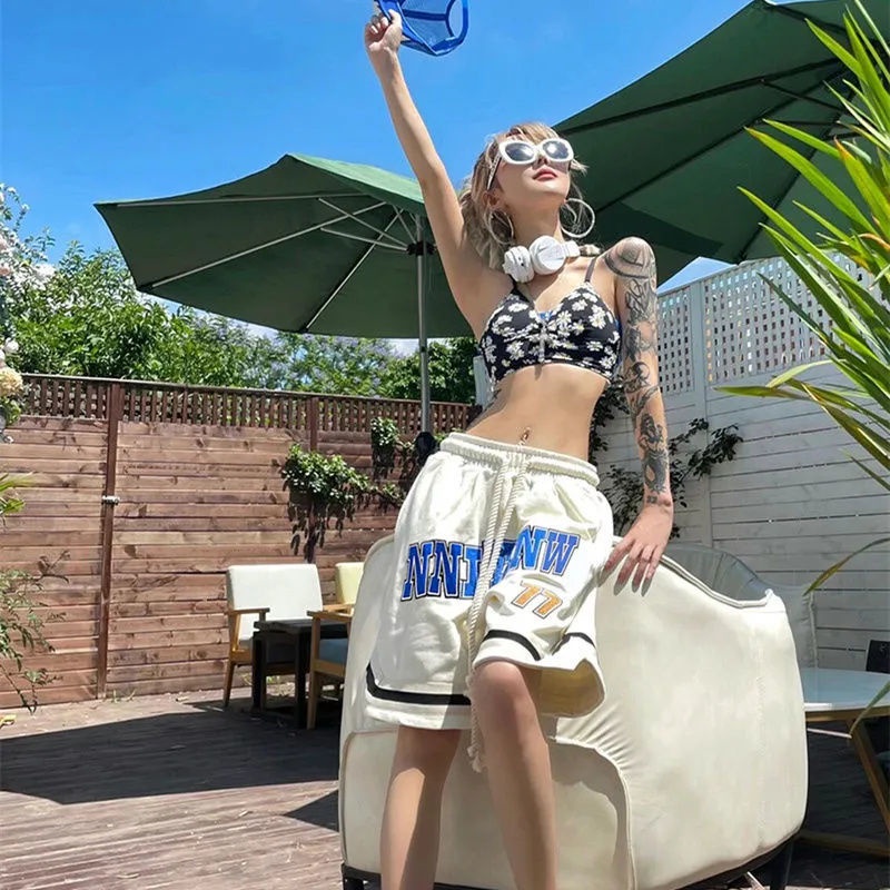 Quần Short Bóng Rổ Dáng Rộng Thêu Chữ Phong Cách Hip Hop Mỹ Thời Trang Cá Tính Cho Nam Và Nữ