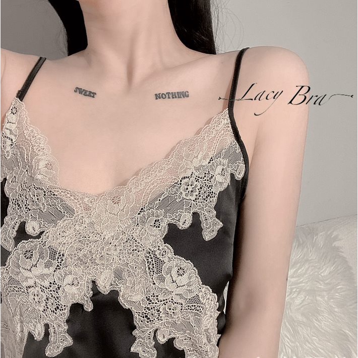 Váy Ngủ Lụa Satin Mềm Phối Ren Buộc Dây Lưng Sexy Lacy Bra - V9