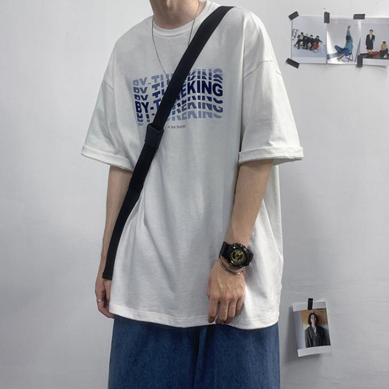 Áo Thun Tay Ngắn Cổ Tròn Dáng Rộng In Chữ Màu Gradient Phong Cách Hàn Quốc Cho Nam Giới Có Size M-3Xl