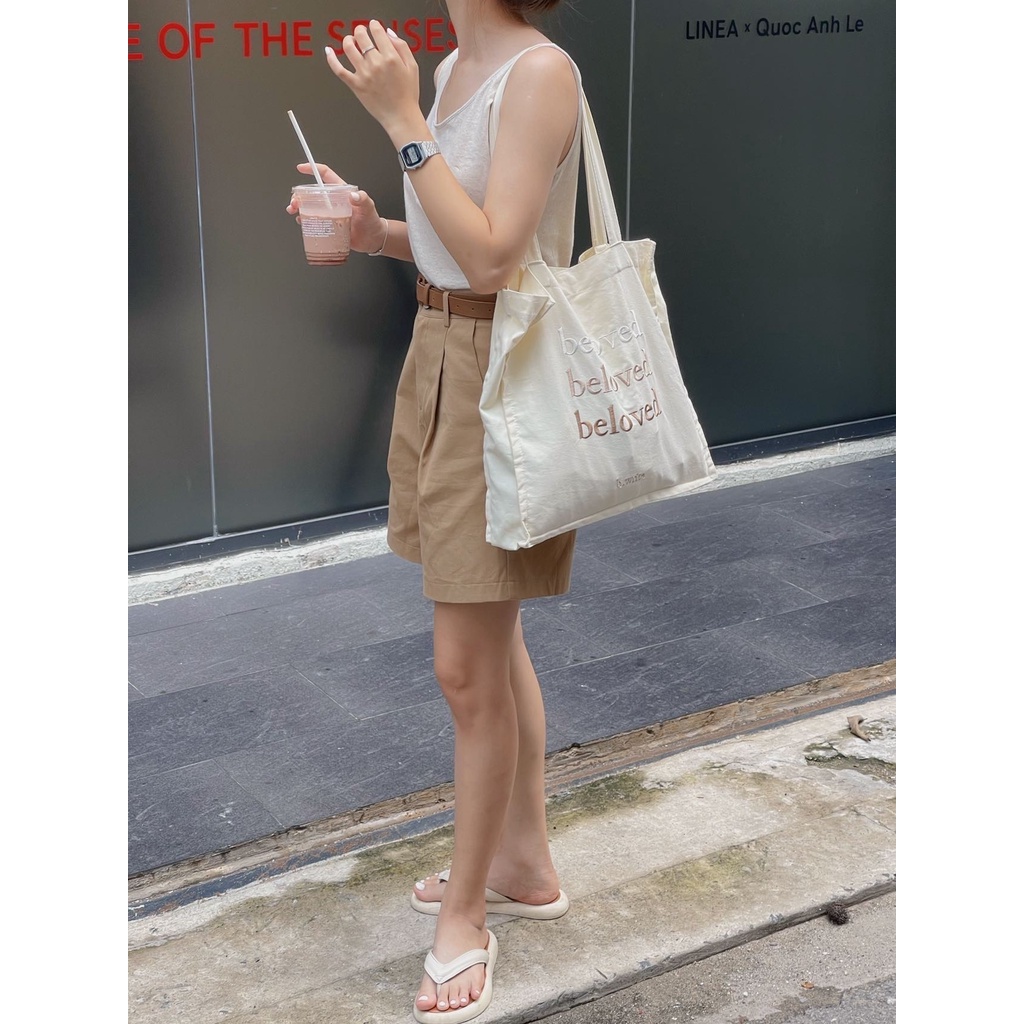T283-284/Túi vải tote Hàn Quốc form vuông chữ thêu beloved dễ thương phiên bản 2022