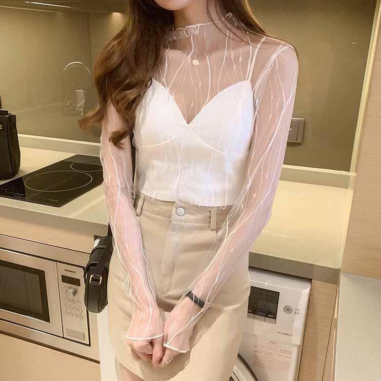 Áo Sơ Mi Tay Dài Phối Ren Lưới Mỏng Xuyên Thấu Phong Cách Hàn Quốc Thời Trang Mùa Thu Cho Nữ