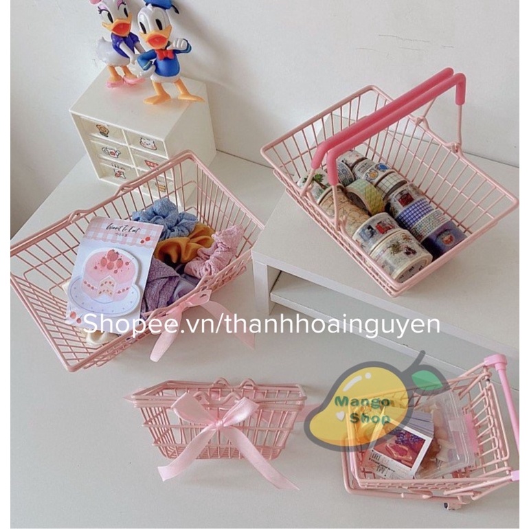 Giỏ tay cầm màu hồng thắt nơ pastel xinh xắn ( Rổ picnic cắm trại , rổ trang trí góc học tập )