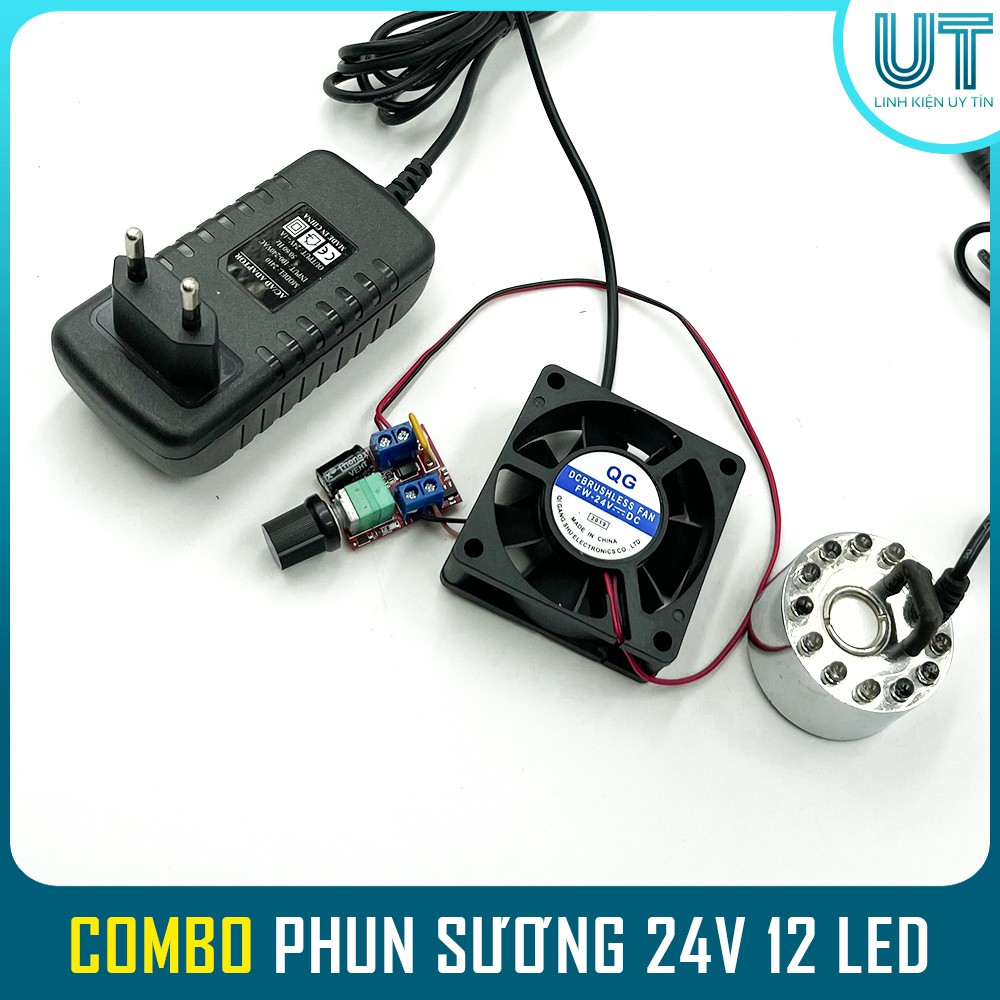 Combo động cơ phun sương tạo hơi nước 24V - 12 LED ( Phun sương+Dimmer + Quạt + nguồn )