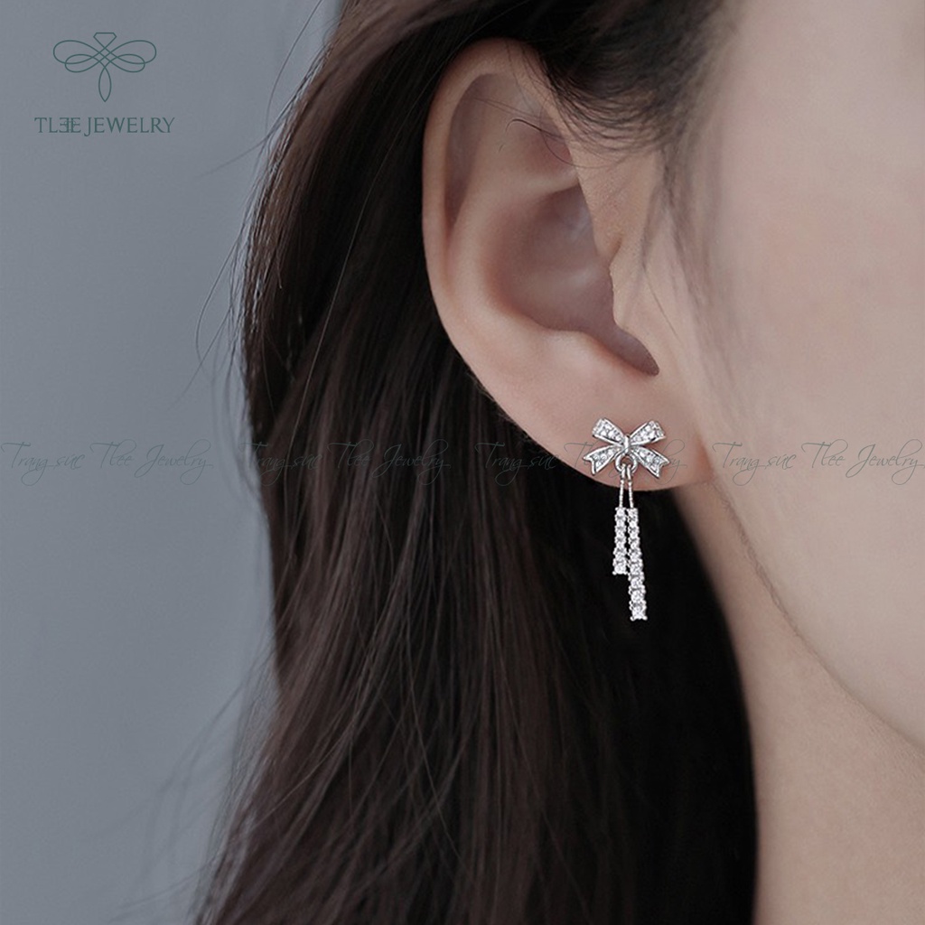 Khuyên tai bạc nữ TLEE nơ dáng dài tiểu thư nạm đá sáng sang trọng NCJ B0144
