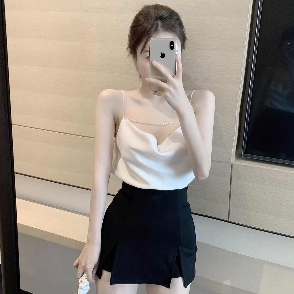 JANE'S Áo croptop satin lụa phối dây đính đá kim tuyến gợi cảm + chân váy quần ngắn tôn dáng chất ok J0016