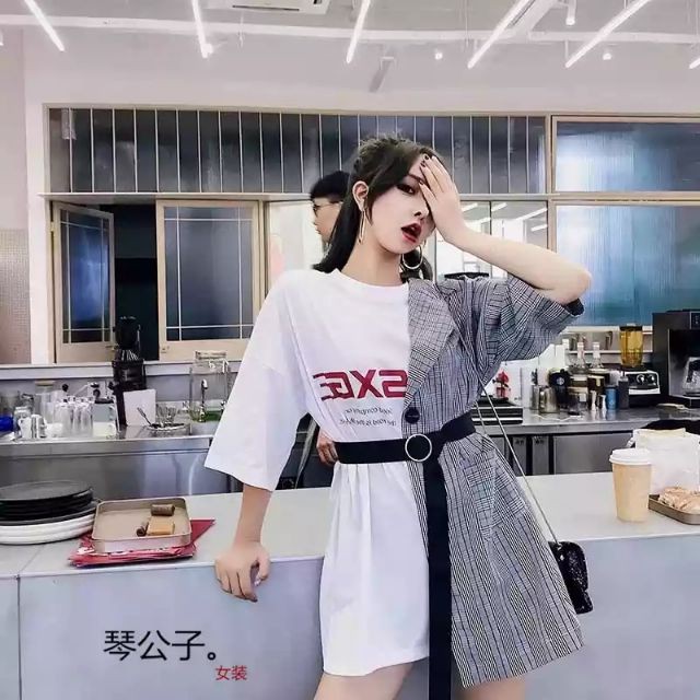 [ORDER+ẢNH THẬT] Đầm thun phối vest kẻ oversize cách điệu Ulzzang siêu độc siêu xinh 😍