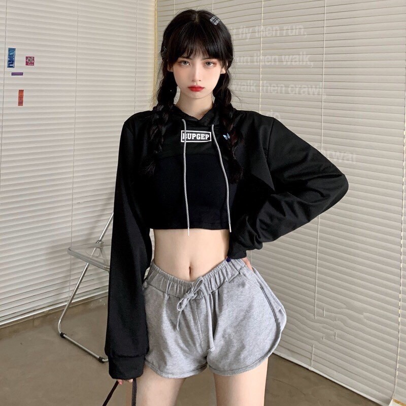 Sp hot -  SET 2 MÓN ÁO HOODIE CROPTOP BURGER Cut out Xanh neon Xám Đen + Áo Tanktop Đen ULZZANG