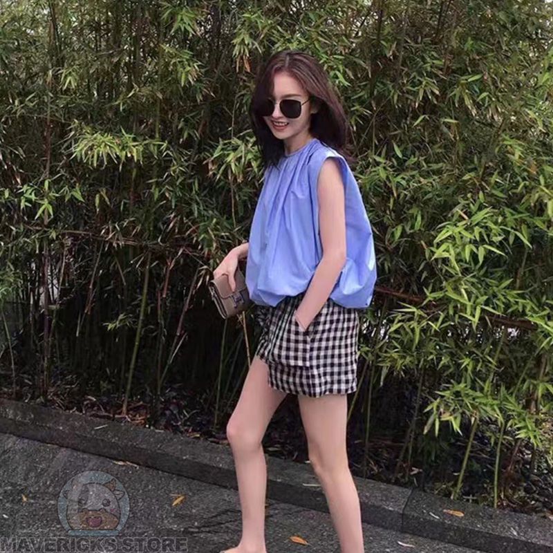 Quần Short Caro Ống Rộng Phong Cách Hàn Quốc
