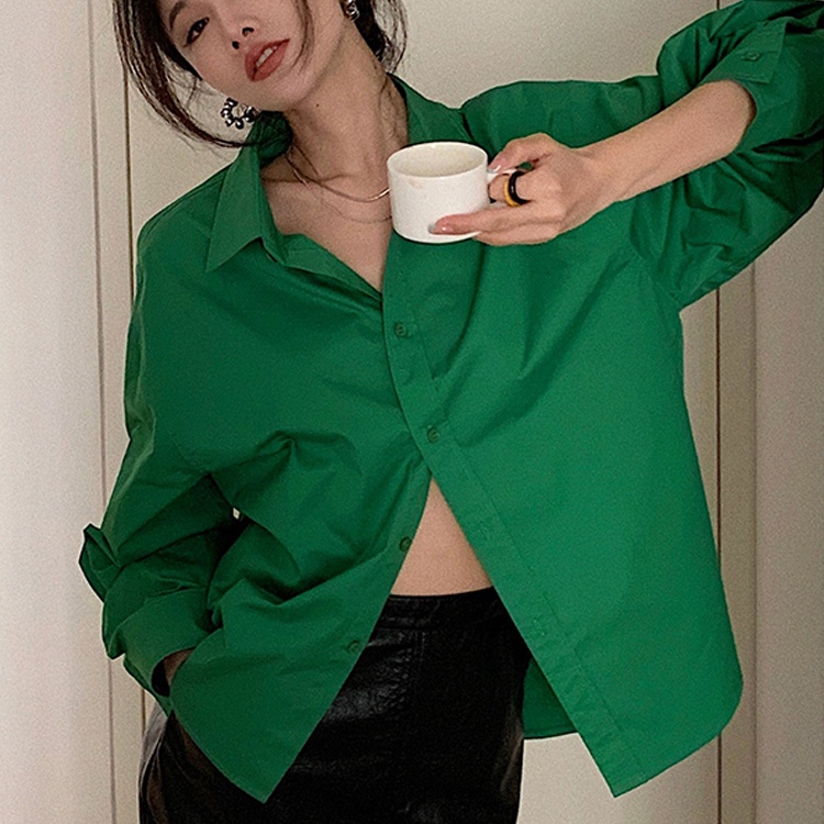 Áo Sơ Mi Tay Dài Dáng Rộng Màu Xanh Lá Phong Cách Cổ Điển Thời Trang Cho Nữ