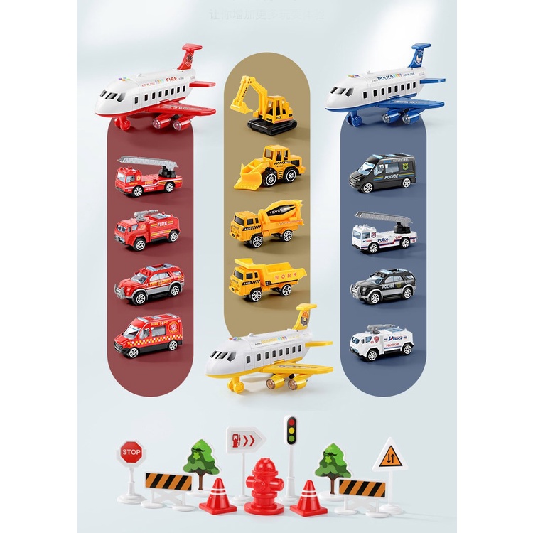 Đồ chơi máy bay chạy pin kèm 4 xe cứu hỏa kim loại hot wheels có giàn cẩu, đèn biển báo