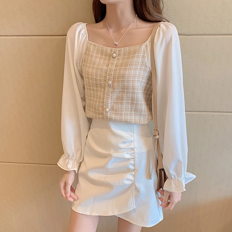 Áo kiểu BH họa tiết kẻ caro thời trang hàn quốc tay dài retro dành cho nữ