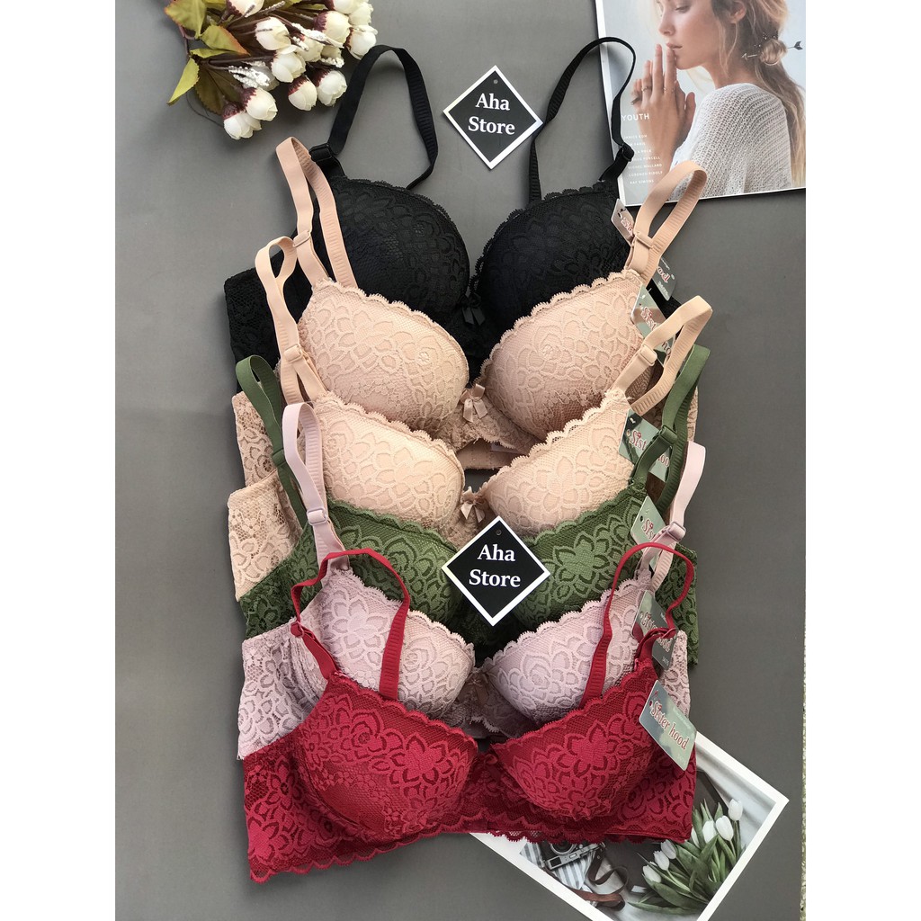 Áo lót ren Thái Lan Sister Hood nâng ngực,  không gọng hàng cao cấp siêu nâng đẩy mút dày 5 cm