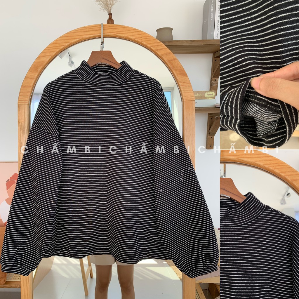 [Mã WARN30 hoàn 15% xu đơn 150k] Áo Len Dáng Rộng Tay Bồng Kẻ Ngang Cổ 3 Phân Freesize<55kg - A.072 | BigBuy360 - bigbuy360.vn