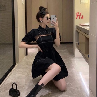 Sét váy 2 dây viền chỉ nổi áo croptop trên ngực 2 món cổ sơ mi HS