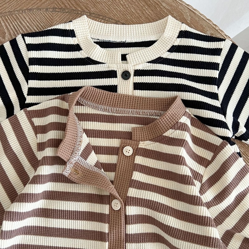 Bộ Áo Liền Quần Bằng Cotton Tay Dài Họa Tiết Kẻ Sọc Phối Màu Thời Trang Mùa Thu Phong Cách Hàn Quốc Dành Cho Bé Trai Gái 0-2 Tuổi
