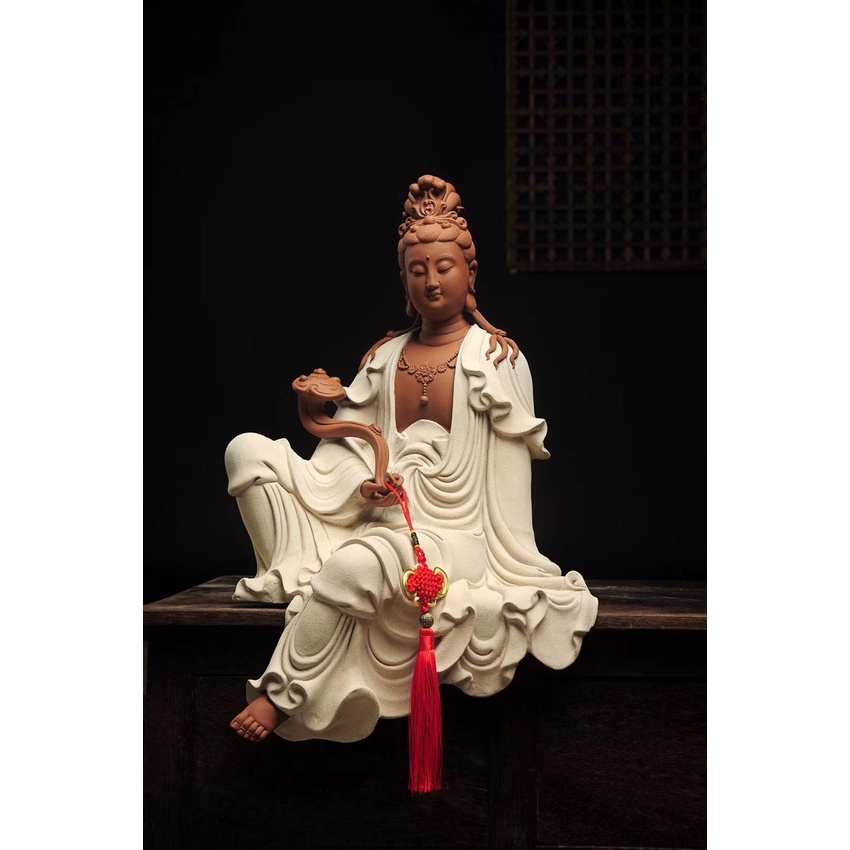 Tượng Mẹ Quan Thế Âm Cỡ lớn cầm gậy như ý  ngồi thiền tịnh tâm- tượng gốm tử sa cao cấp