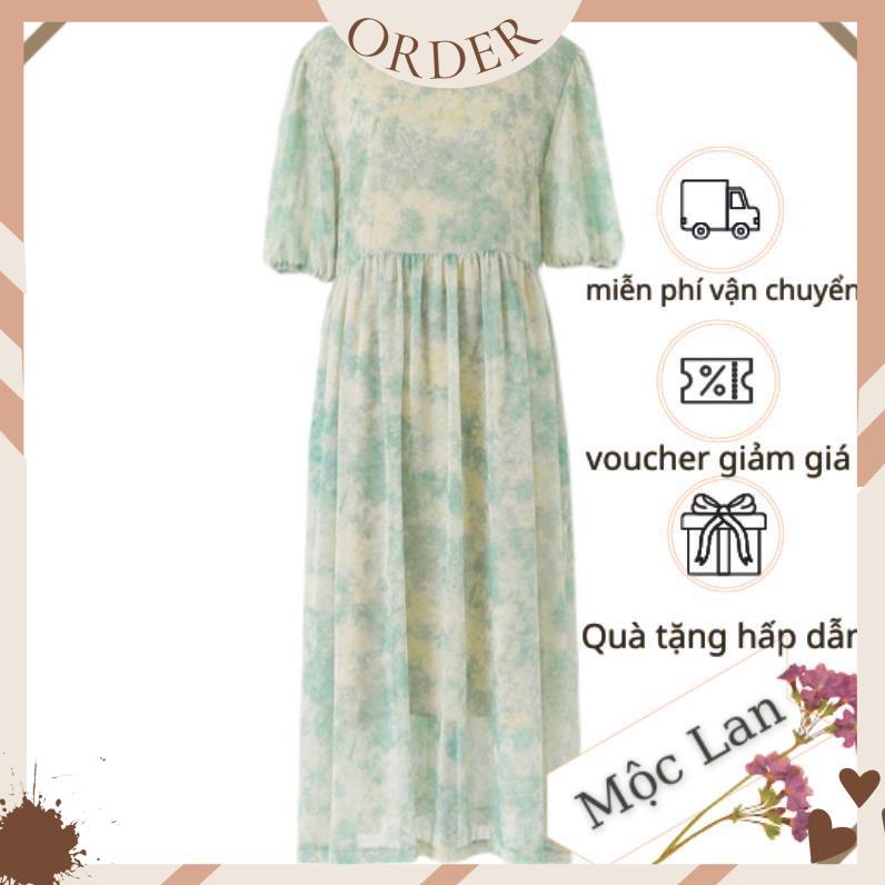 (MộcLan ORDER)  Váy MORAN voan hoa xanh loang pastel thun eo xòe dài bồng bồng vintage tiểu thư nhẹ nhàng | BigBuy360 - bigbuy360.vn